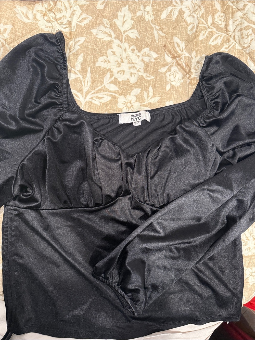Steve Madden Black Satin Puff-Sleeve Crop Top